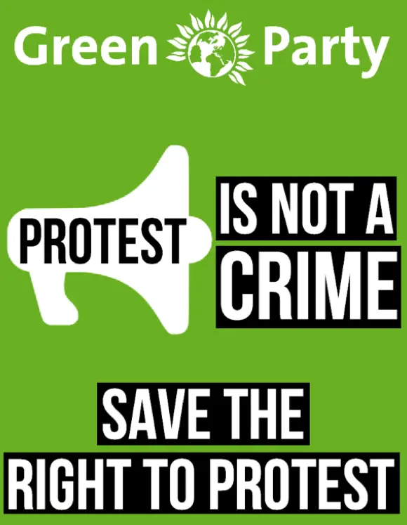 Green Party poster with a megaphone, reading “Protest is not a crime. Save the right to protest.”